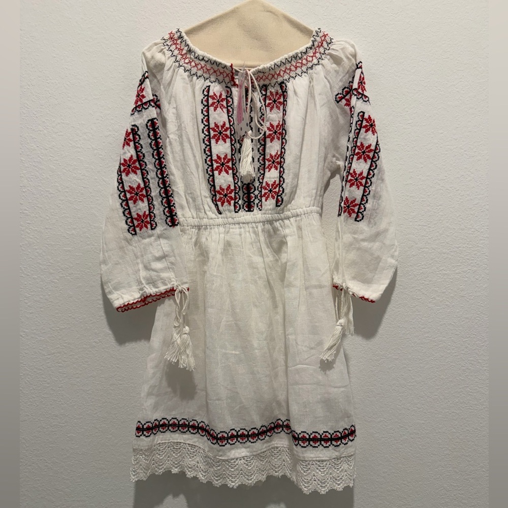 White Embroidered Girls' Peasant Dress with Red & Black Accents 4 years